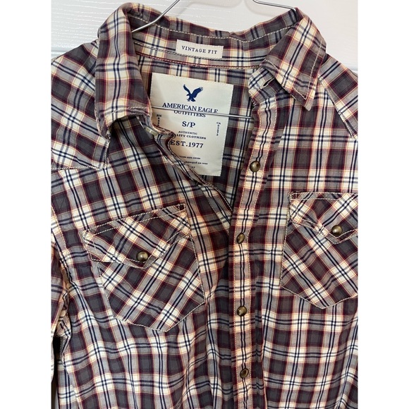 American Eagle Brown Plaid Button Down Long Sleeve - Picture 2 of 3